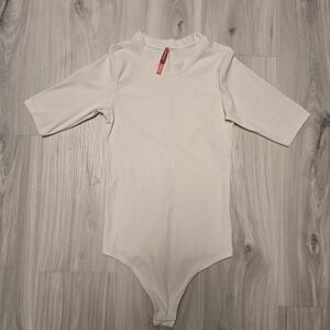 Spanx Suit Yourself Ribbed Crew Neck Bodysuit in Parchment - Size XS